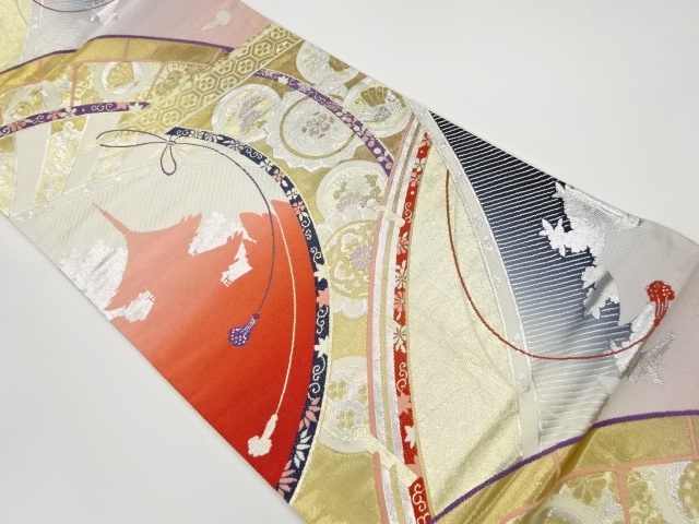 JAPANESE KIMONO / VINTAGE FUKURO OBI / WOVEN TEMPLE & BRIDGE WITH FLOWERS